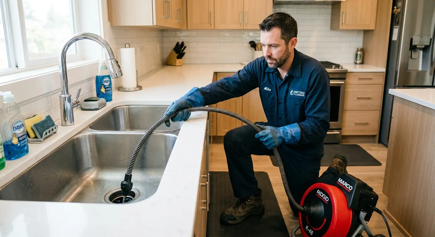 Drain cleaning technician using a motorized snake on a kitchen sink in Nelson