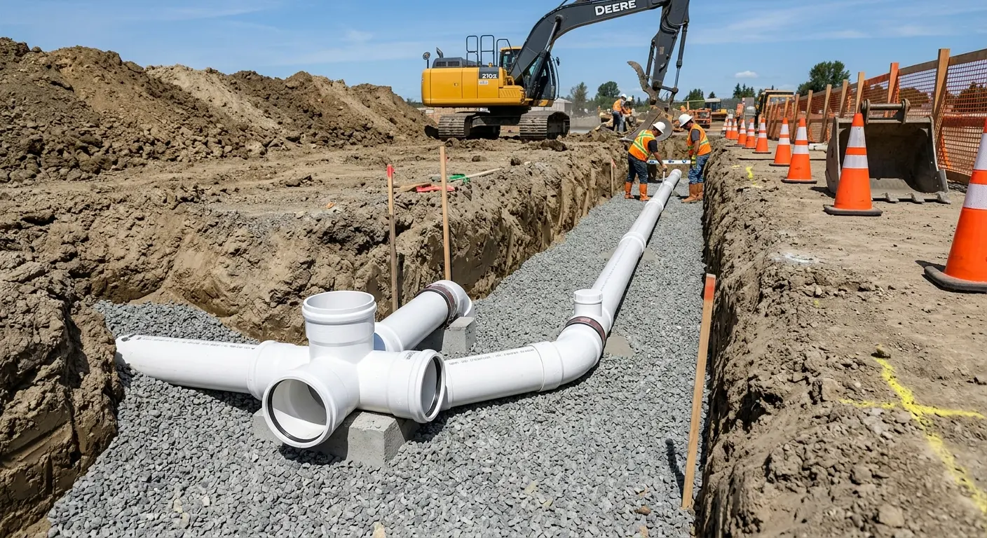 New PVC sewer pipe installation in open trench for Sewer Backup in Nelson