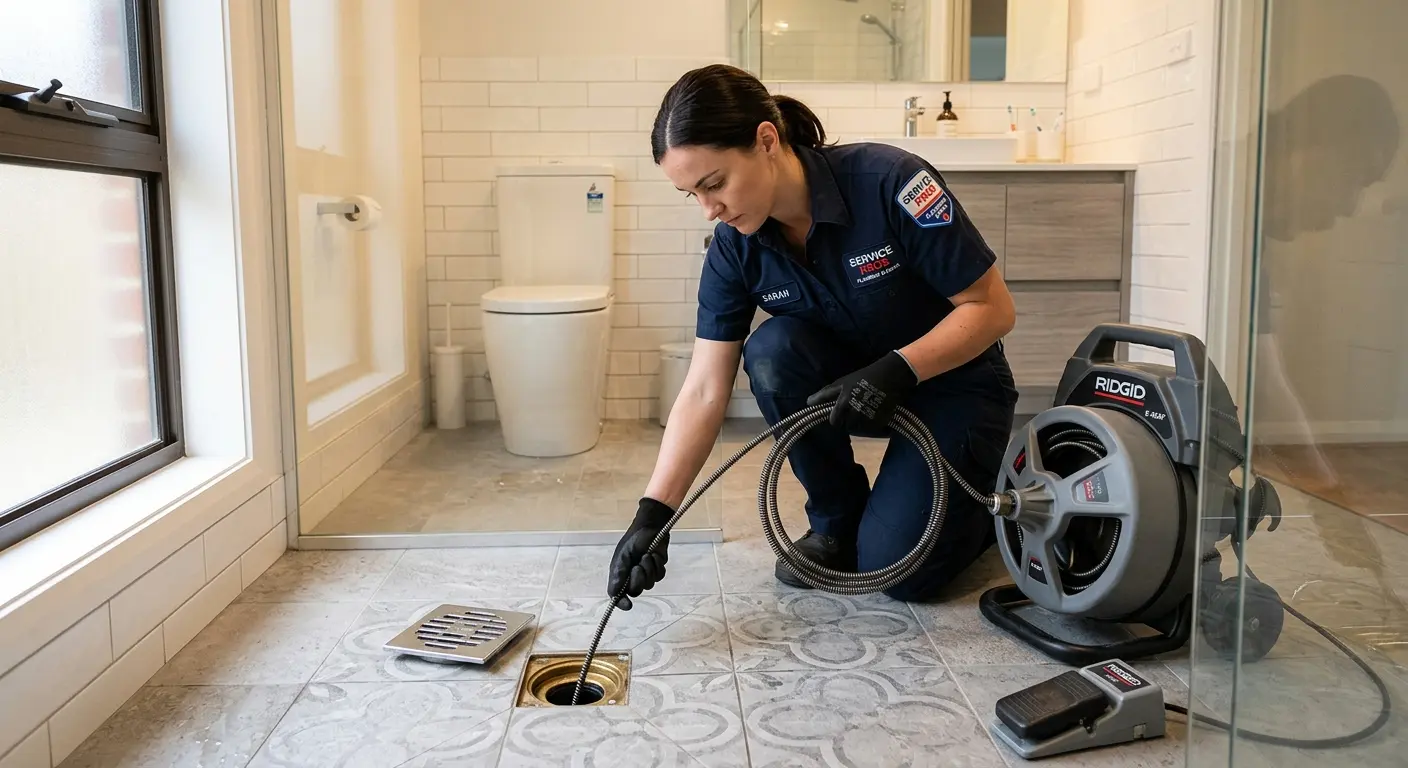 Technician clearing a bathroom floor drain for Sewer Line Replacement in Nelson